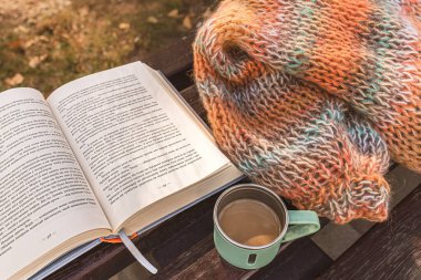 Bir kitap, bir fincan kahve ve sıcak sonbahar renklerinde bir resimde örülmüş bir hırka. Parkta okursun. Akıl sağlığı. Yavaş bir hayat. Dijital detoks. Ev kütüphanesi. Kalın giysiler. Sonbaharda doğada ideal dinlenme.