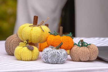 Örgü oyuncaklar. Cadılar Bayramı 'nın özellikleri. Şölen dekoru. Amigurumi sanatı. Ev yapımı yün ürünler. Tatil için balkabakları. Örgü ve tığ işi. Cadılar Bayramı için el yapımı balkabakları..