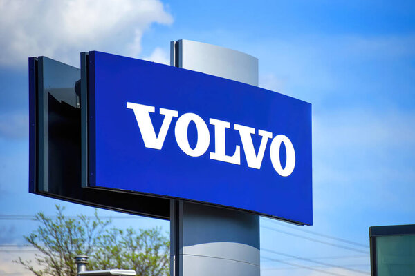 Ottawa, Canada May 14, 2022 Sign for Volvo dealership on Carling Avenue. Volvo is a successful Swedish based manufacturer of high-end cars.