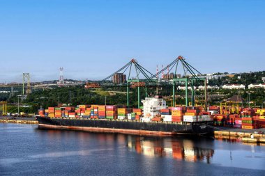 Halifax, Kanada - 19 Temmuz 2023: Singapur merkezli NYK Rumina konteynır gemisi, Kanada 'nın Nova Scotia kentindeki Bedford Havzası' ndaki Fairview Cove Konteynır Terminaline yanaştı.. 