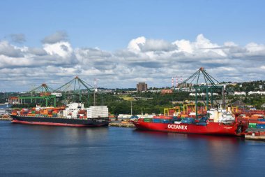 Halifax, Kanada - 4 Ağustos 2023: Panama merkezli NYK Constellation konteynır gemisi ve St. Johns Newfoundland, Kanada merkezli Oceanex Sanderling, Bedford Havzası 'ndaki Fairview Koyu Konteynır Terminaline demirlediler. 
