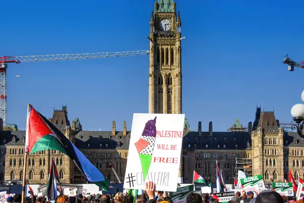 Ottawa Kanada Listopada 2023 Demonstranci Zbierają Się Wzgórzu Parlamentu Aby — Zdjęcie stockowe