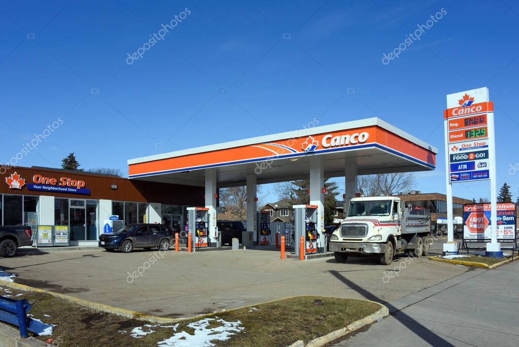 Edmonton, Canada - April 3, 2025: Canco is a Canadian, Kelowna BC based, independent chain of gas stations that launched in 2016. They also feature One Stop convenience stores.