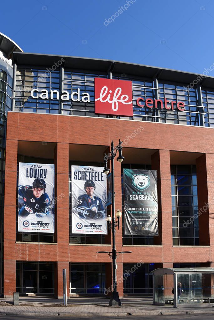 Winnipeg, Canada - April 6, 2025: Canada Life Centre, which opened in 2004 as MTS Centre, on Portage Ave is the home of the NHL Winnipeg Jets, AHL Manitoba Moose and the Sea Bears of the Canadian Elite Basketball League.