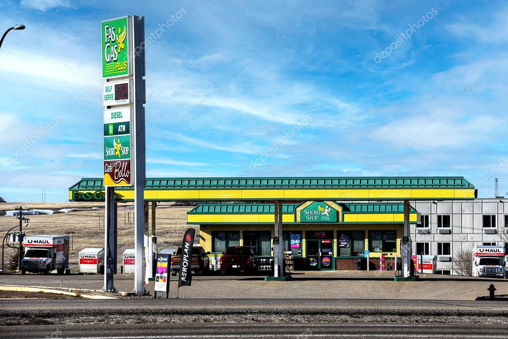 Swift Current, Canada - April 5, 2025: Fas Gas Plus is a western Canadian gas station chain established in 1977. This location is paired with a Short Stop Food Store.