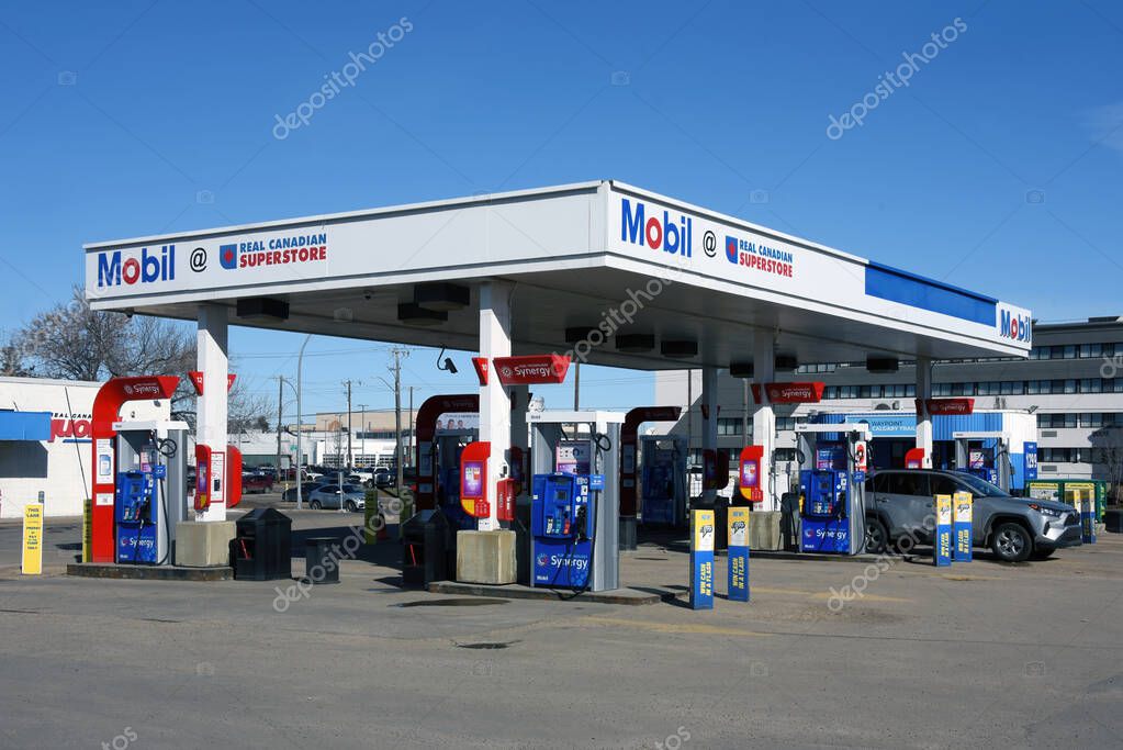 Edmonton, Canada - April 4, 2025: Mobil Oil under Real Canadian Superstore banner. Loblaw sold its gas station business to Brookfield Business Partners who rebranded them under the Mobil fuel brand.