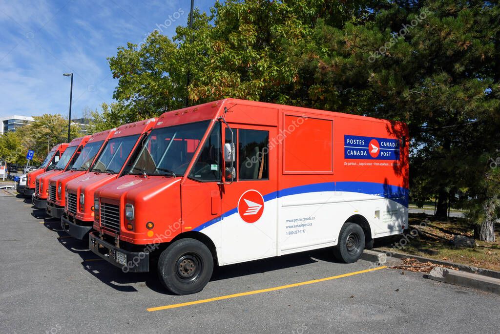 Ottawa, Canada Oct 3, 2025 Row of Canada Post parked due to the strike that started on Sep 25. Most of the trucks will be idle while the strike continues. There a few exceptions such as Social assistance cheques, they will continue to be delivered