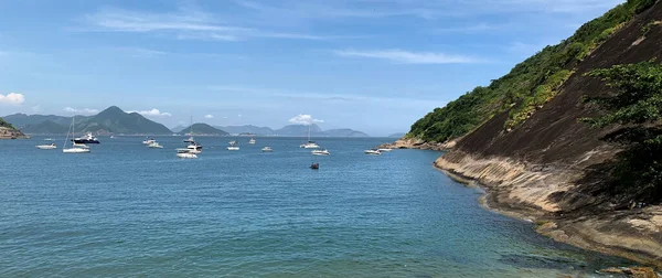 stock image Beautiful view of the sea. Sugar Loaf touristic postal card. Boats on the bay. Blue sky seascape.