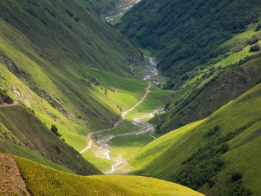 Bir kale kulesi, bir nehir, bir nehir vadisi ve dağlarda bir yol. Shatili Yolu, Georgia