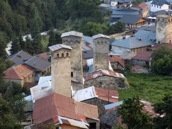 Baum Svan Turm Häuser Und Fluss Mestia Georgien — Stockfoto