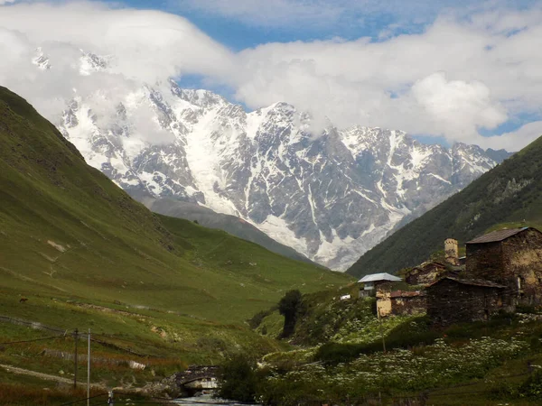 Χιονισμένο Βουνό Shkhara Πράσινα Βουνά Και Χωριό Ushguli — Φωτογραφία Αρχείου