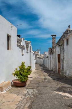 Alberobello 'da Trullo adında küçük tarihi binalar arasında uzanan dar bir sokak.