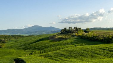 Gün batımı gölgelerin uzadığı tepenin üzerine güzel bir villa inşa edildi. Aşağıda, geniş ekin tarlaları var. Toskana, İtalya