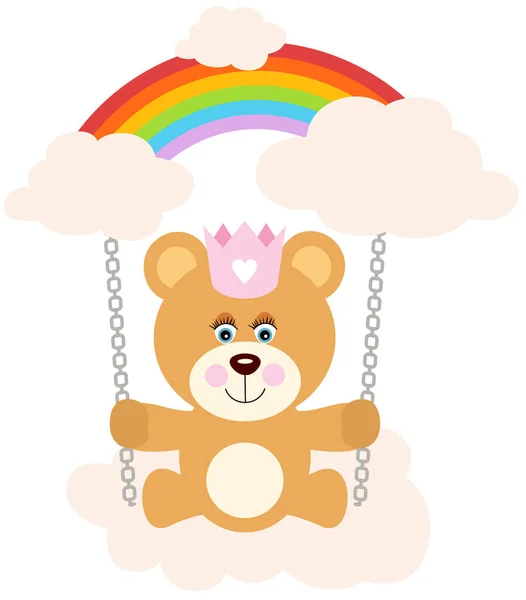 泰迪熊公主在云彩和彩虹做成的秋千上 — 图库矢量图片