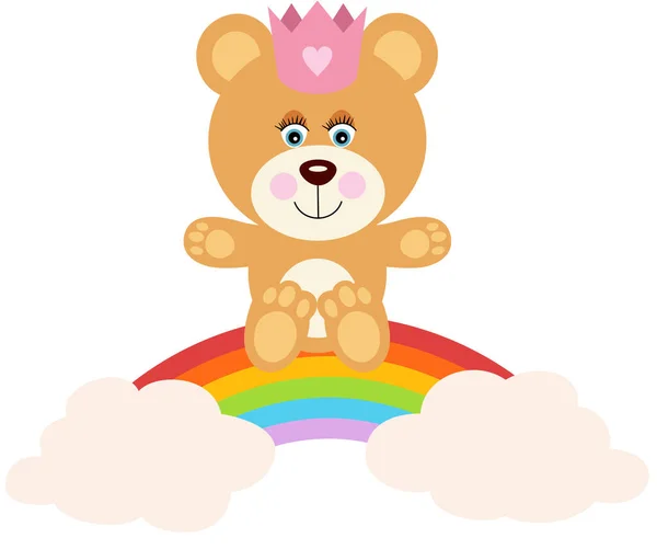Niedlicher Teddybär Sitzt Auf Regenbogen Mit Wolken — Stockvektor