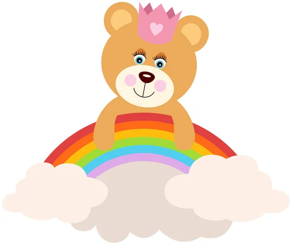 Prinzessin Teddybär Hängt Mit Wolken Regenbogen — Stockvektor