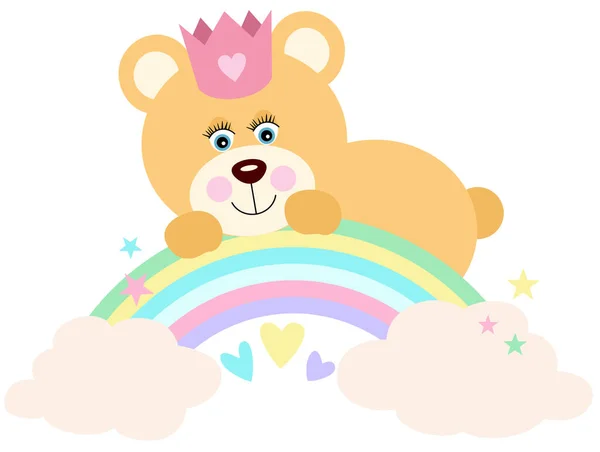 Prinzessin Teddybär Auf Regenbogen Mit Wolken Und Sternen — Stockvektor