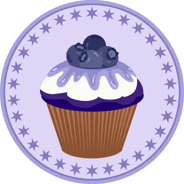 Runde Aufkleber Mit Blaubeer Cupcake — Stockvektor