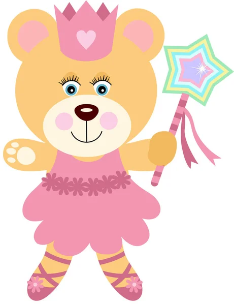 Cute Teddy Bear Ballerina Crown Holding Star Magic Wand — Stock Vector
