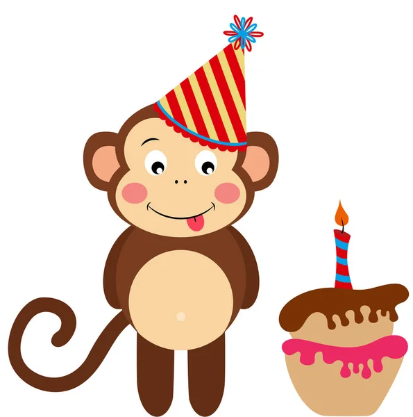 幸せな誕生日猿とキャンドルケーキ — ストックベクタ