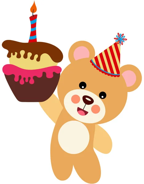 Happy Birthday Teddy Bear Holding Cake Candle — Stock Vector