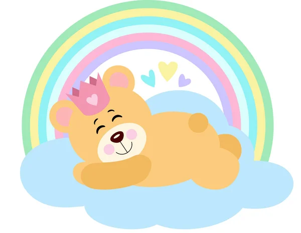 Prinses Teddybeer Slaapt Wolk Met Regenboog — Stockvector