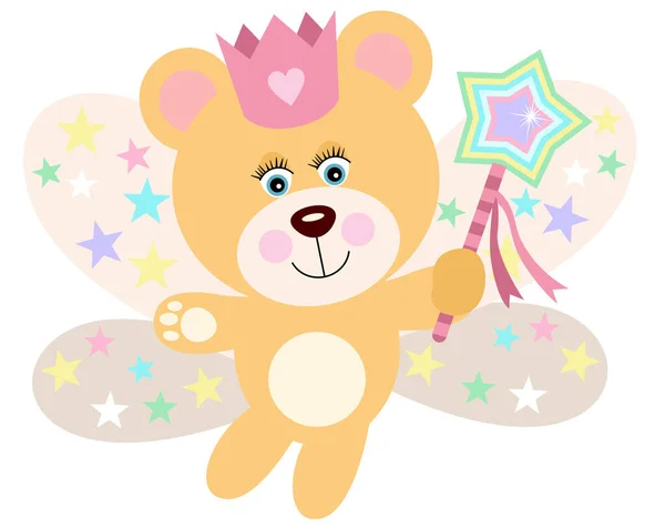 Princess Teddy Bear Wings Fairy Holding Star Magic Wand — Stock Vector