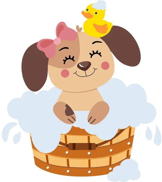 Sweet Female Puppy Taking Bath Wooden Tub Duck Head — Stock Vector