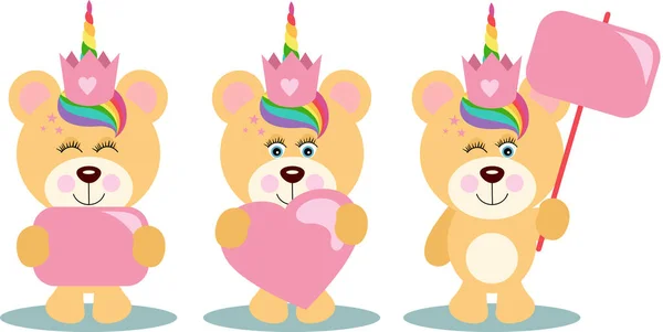 Три Милих Однорідних Плюшевих Ведмедів Тримають Рожеві Дошки — стоковий вектор