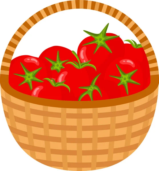 Cesta Marrón Mimbre Llena Tomates Rojos — Vector de stock