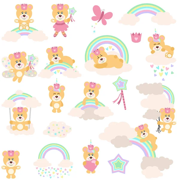 Set Van Digitale Elementen Van Zoete Dromen Met Prinses Teddybeer — Stockvector