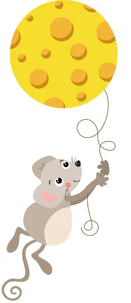 可爱的老鼠抱着奶酪气球飞翔 — 图库矢量图片