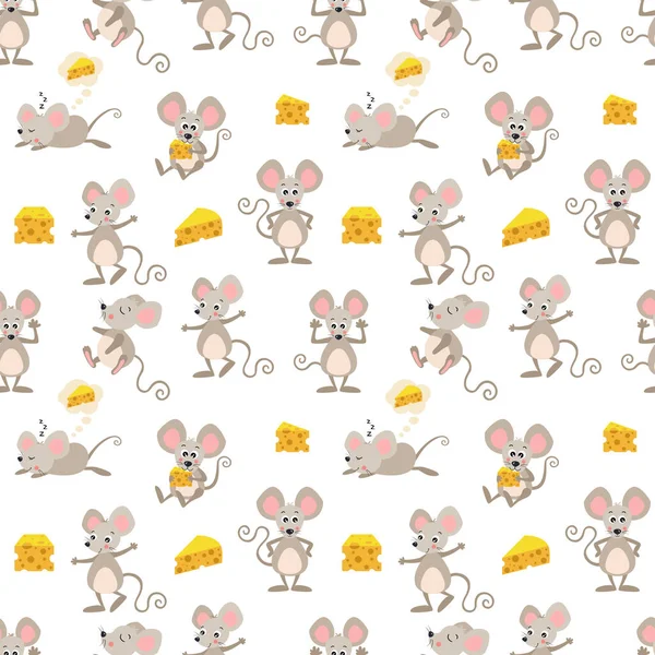 可爱老鼠和奶酪的无缝图案背景 — 图库矢量图片