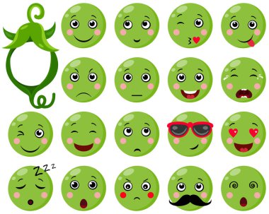 Farklı ifadelere sahip yeşil bezelye seti.