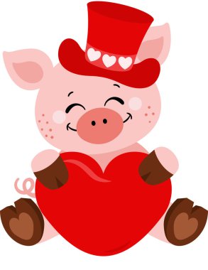 Adorable pig with red hat holding a valentine red heart