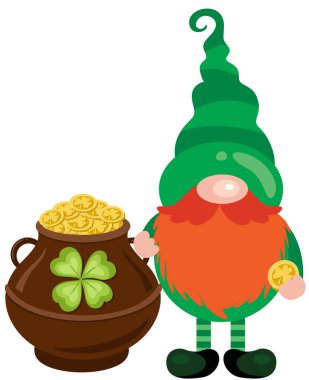 Saint Patricks Day gnome with pot full of gold coins