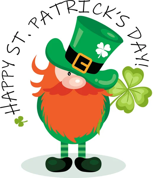 Happy Patricks Day Gnome Holding Green Four Leaf Clover — 스톡 벡터