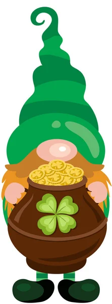 Patricks Day Gnome Holding Pot Full Gold Coins — 스톡 벡터