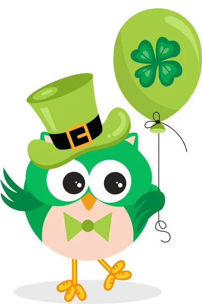 Patrick Day Owl Holding Green Balloon Clover — 스톡 벡터