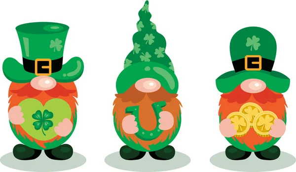 Three Cute Funny Patrick Day Gnomes — 图库矢量图片