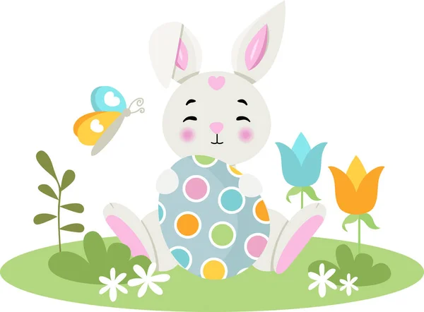 Cute Bunny Holding Easter Egg Garden — Stockvektor