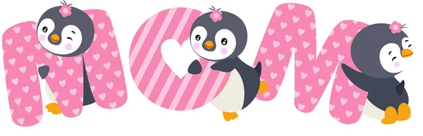 Adorável Pinguins Com Palavra Mãe — Vetor de Stock