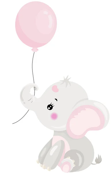 Cute Baby Pink Elephant Holding Balloon — Stock Vector