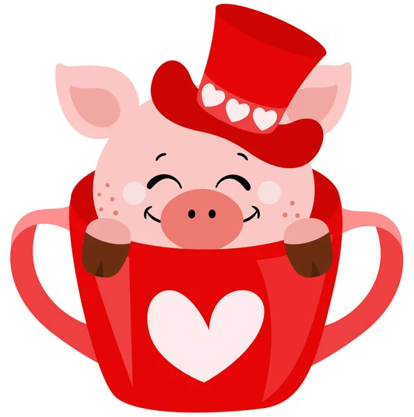 Adorable Cerdo Con Sombrero Rojo Dentro Taza Roja — Vector de stock