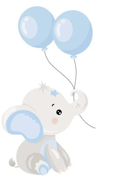 Mignon Bébé Éléphant Bleu Tenant Ballon — Image vectorielle