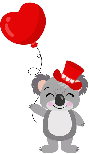 Niedlicher Koala Mit Rotem Hut Der Einen Herzballon Hält — Stockvektor