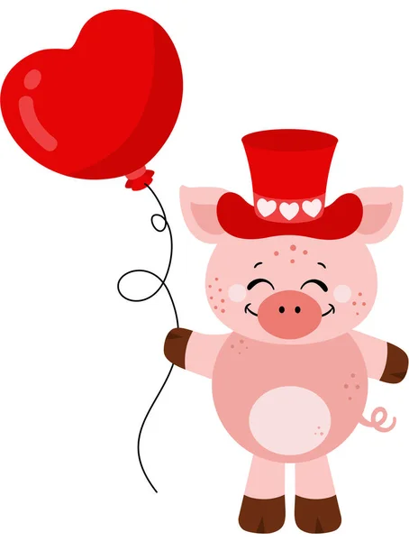 Słodkie Świnia Czerwony Kapelusz Gospodarstwa Serce Balon — Wektor stockowy
