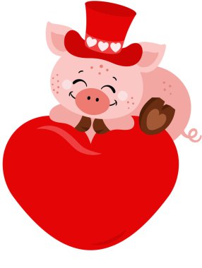 Kırmızı şapkalı şirin domuz büyük kırmızı kalbin üstünde.