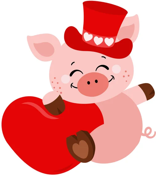 Porco Adorável Com Chapéu Vermelho Coração Vermelho — Vetor de Stock