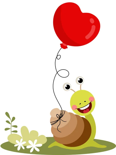 Funny Snail Holding Heart Balloon Garden — Stock Vector
